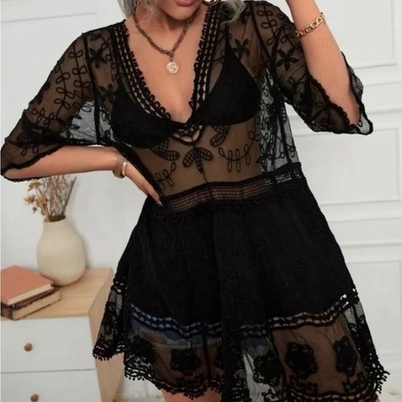 Bohemian Embroidered Floral Lace Sheer Mesh Top Swimsuit Coverup - Picture 3 of 8